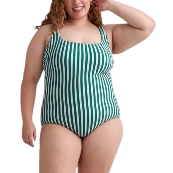 Time And Tru Striped Green And White One-Piece Swimsuit, Size 1X (16W-18W), NWT - Picture 1 of 9